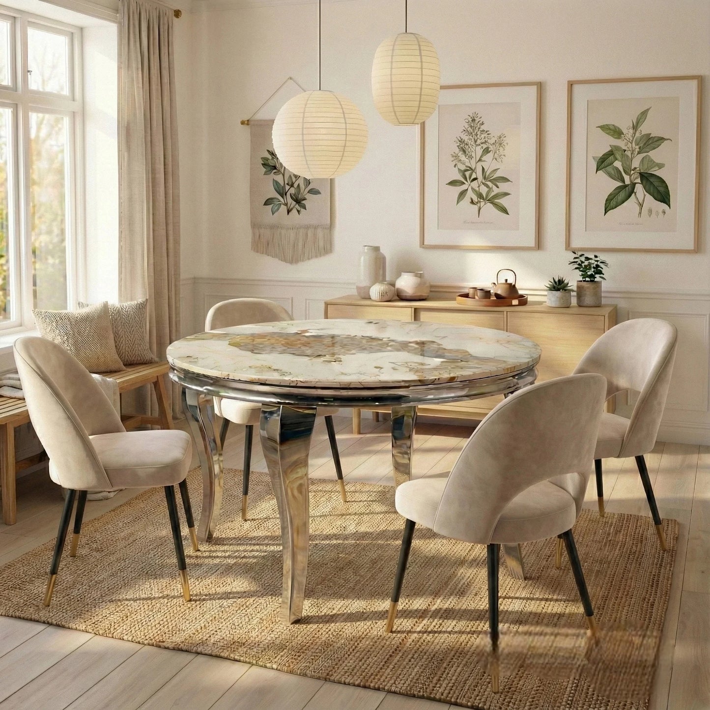 Luxury Lorens 1.3m Round Chrome Dining Set Cream Marble Table With 4 Bjorn Beige Velvet Chairs