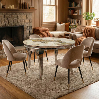 Luxury Lorens 1.3m Round Chrome Dining Set Cream Marble Table With 4 Bjorn Beige Velvet Chairs
