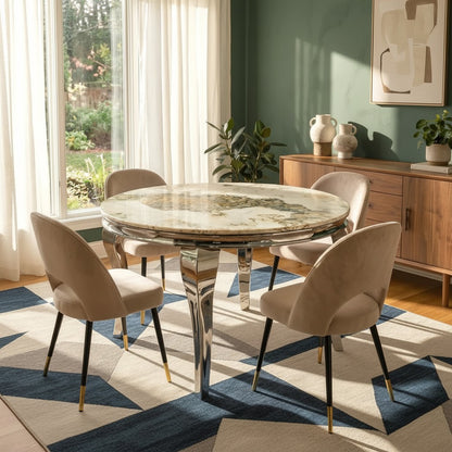 Luxury Lorens 1.3m Round Chrome Dining Set Cream Marble Table With 4 Bjorn Beige Velvet Chairs