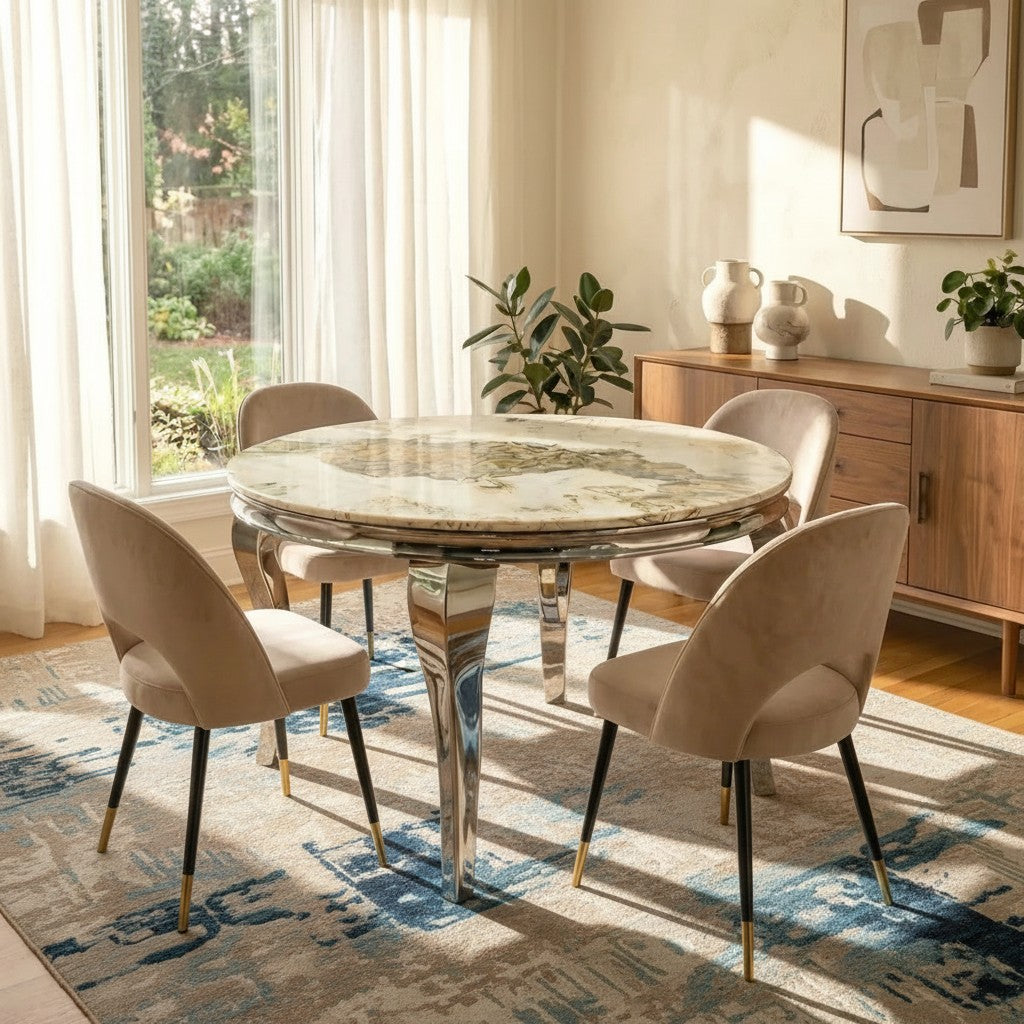 Luxury Lorens 1.3m Round Chrome Dining Set Cream Marble Table With 4 Bjorn Beige Velvet Chairs