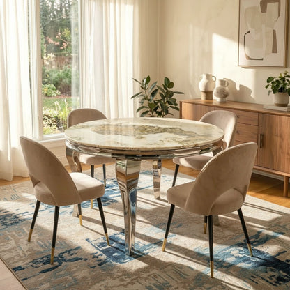 Luxury Lorens 1.3m Round Chrome Dining Set Cream Marble Table With 4 Bjorn Beige Velvet Chairs