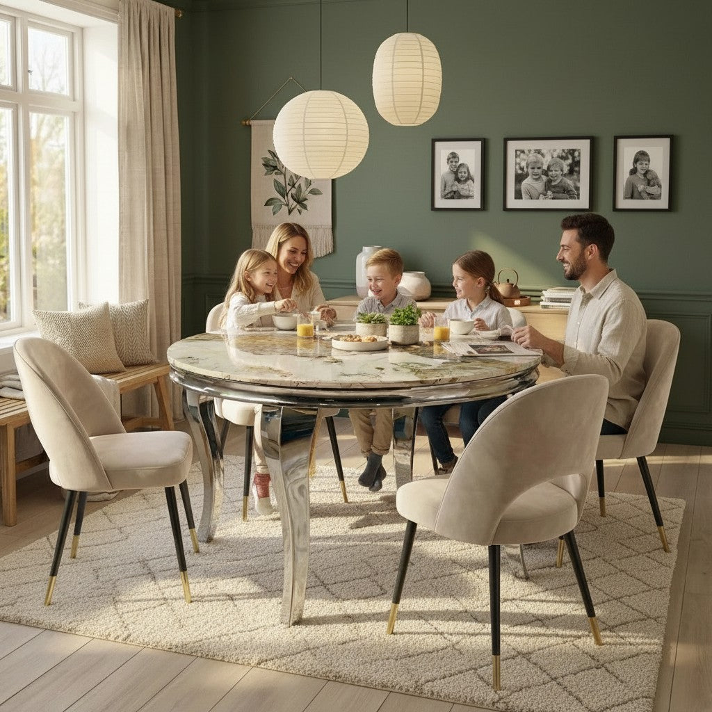 Luxury Lorens 1.3m Round Chrome Dining Set Cream Marble Table With 4 Bjorn Beige Velvet Chairs