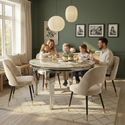 Luxury Lorens 1.3m Round Chrome Dining Set Cream Marble Table With 4 Bjorn Beige Velvet Chairs
