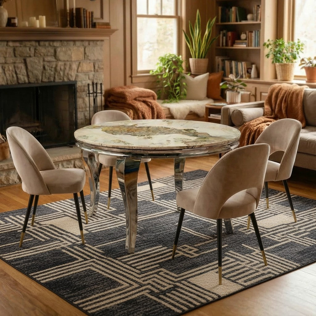 Luxury Lorens 1.3m Round Chrome Dining Set Cream Marble Table With 4 Bjorn Beige Velvet Chairs