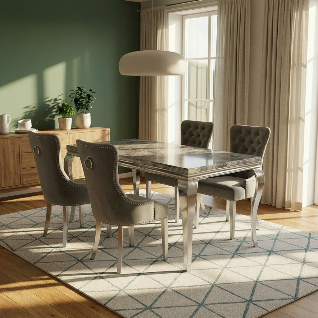 Luxury Lorens 1.5m Light Grey Marble Dining Set Table With Megan Ring Knocker Velvet Chairs
