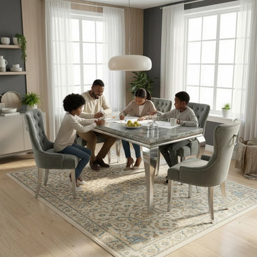 Luxury Lorens 1.5m Light Grey Marble Dining Set Table With Megan Ring Knocker Velvet Chairs