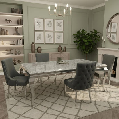 Luxury  Lorens 1.5m Light Grey Marble Dining Set Table With Oskar Button Back Velvet Chairs