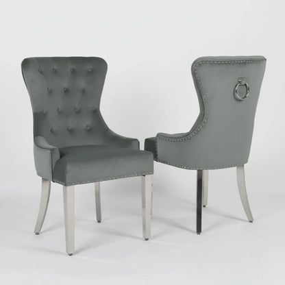 Luxury Lorens 1.8m Light Grey Marble Chrome Dining Set Table With Megan Dark Grey Velvet Chairs