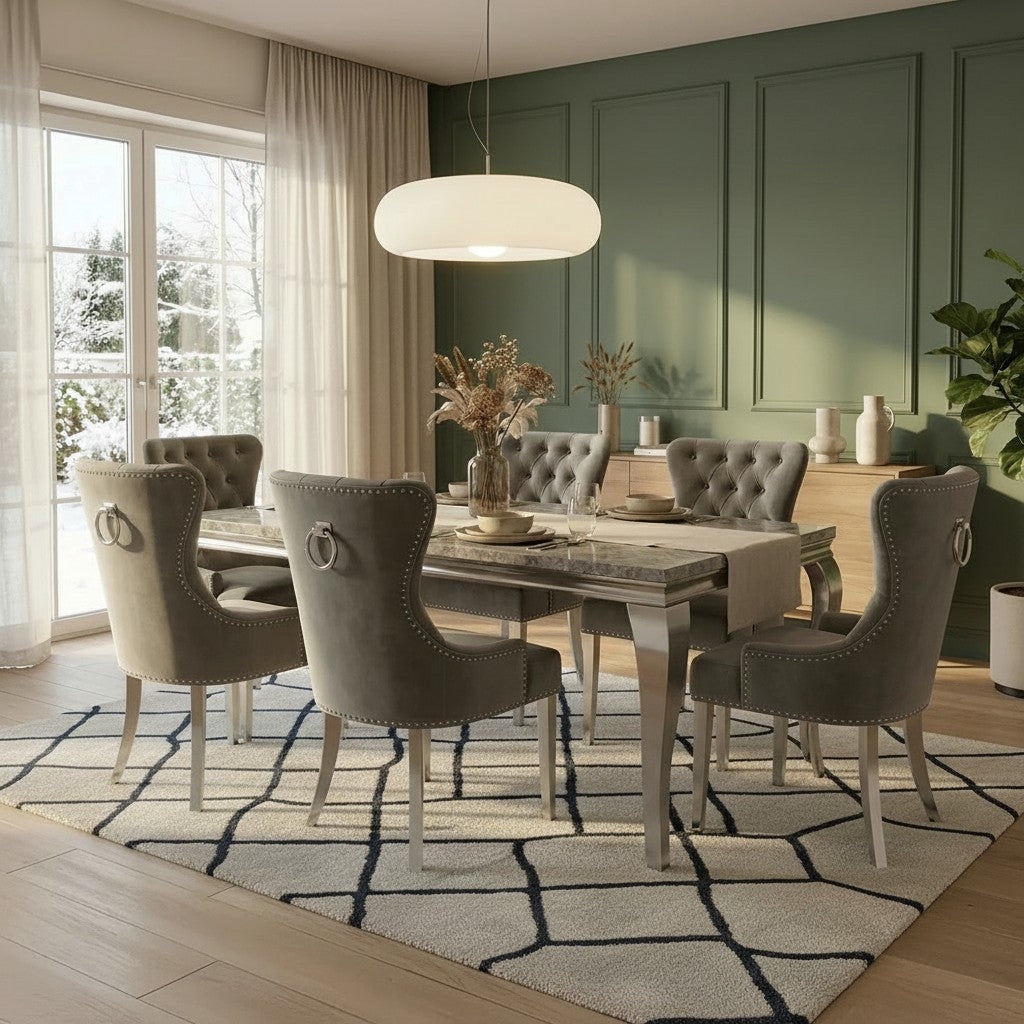 Luxury Lorens 1.8m Light Grey Marble Chrome Dining Set Table With Megan Dark Grey Velvet Chairs