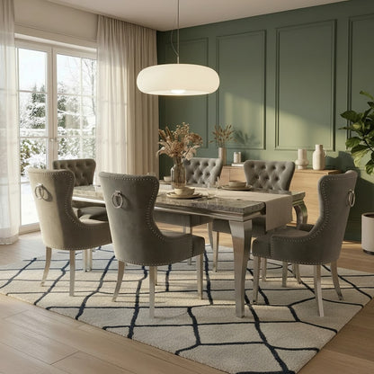 Luxury Lorens 1.8m Light Grey Marble Chrome Dining Set Table With Megan Dark Grey Velvet Chairs