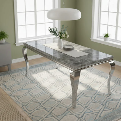 Luxury Lorens 1.8m Light Grey Marble Chrome Dining Set Table With Megan Dark Grey Velvet Chairs