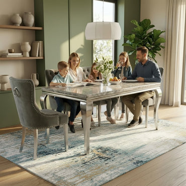 Luxury Lorens 1.8m Light Grey Marble Chrome Dining Set Table With Megan Dark Grey Velvet Chairs