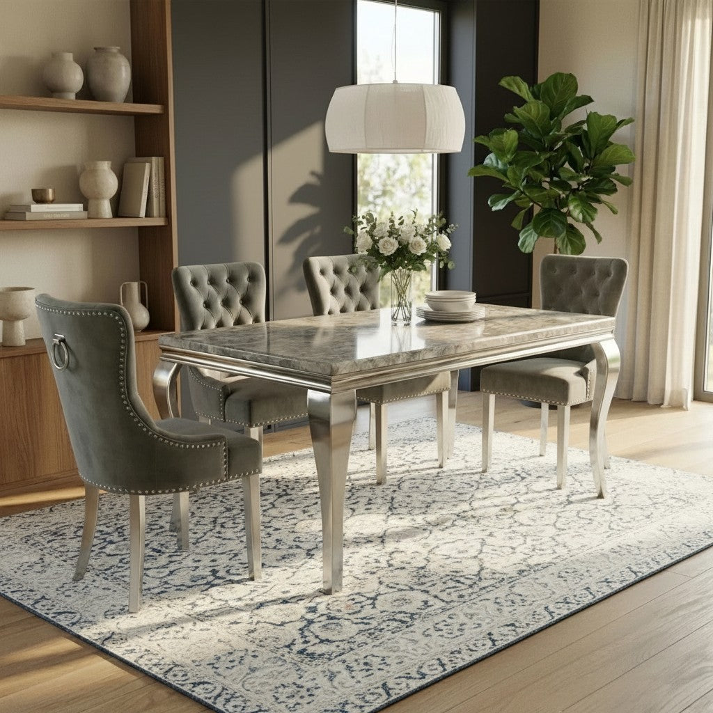 Luxury Lorens 1.8m Light Grey Marble Chrome Dining Set Table With Megan Dark Grey Velvet Chairs