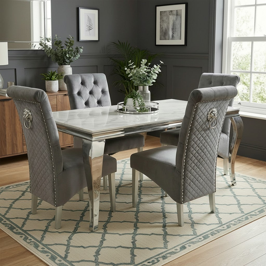 Luxury Lorens 1.8m White Marble Chrome Dining Set Table With Einar Dark Grey Velvet Chairs
