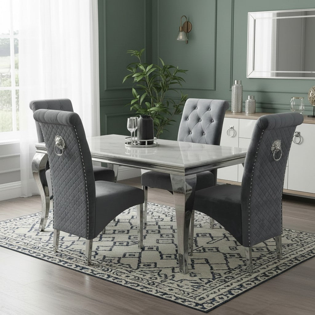Luxury Lorens 1.8m White Marble Chrome Dining Set Table With Einar Dark Grey Velvet Chairs