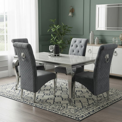 Luxury Lorens 1.8m White Marble Chrome Dining Set Table With Einar Dark Grey Velvet Chairs
