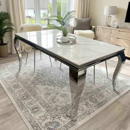 Luxury Lorens 1.8m White Marble Chrome Dining Set Table With Einar Dark Grey Velvet Chairs