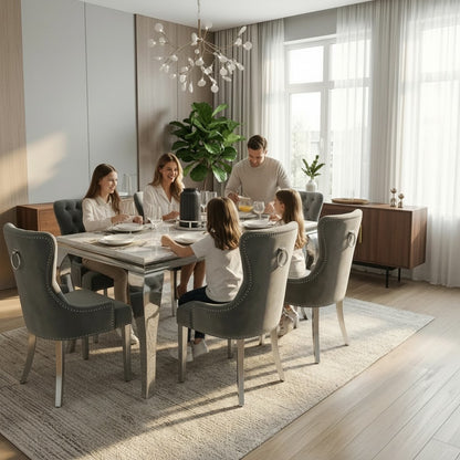 Luxury  Lorens 1.8m White Marble Chrome Dining Set Table With Megan Dark Grey Velvet Chairs