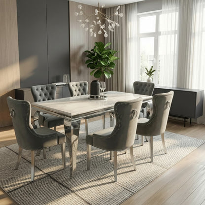 Luxury  Lorens 1.8m White Marble Chrome Dining Set Table With Megan Dark Grey Velvet Chairs