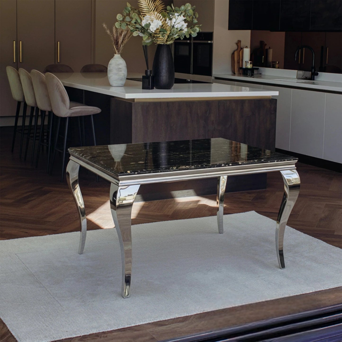 Luxury Lorens 100cm Square Chrome Dining Table With Modern Black & Gold Marble Top