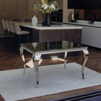 Luxury Lorens 100cm Square Chrome Dining Table With Modern Black & Gold Marble Top