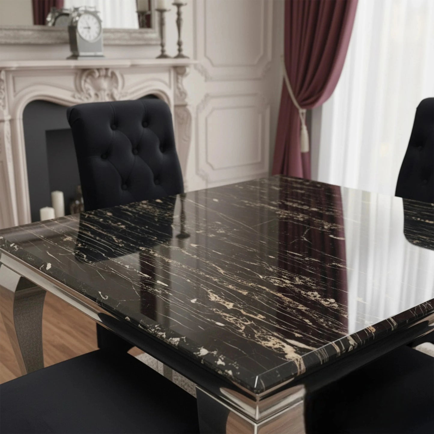 Luxury Lorens 100cm Square Chrome Dining Table With Modern Black & Gold Marble Top