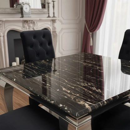 Luxury Lorens 100cm Square Chrome Dining Table With Modern Black & Gold Marble Top
