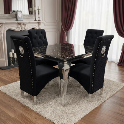 Luxury Lorens 100cm Square Chrome Dining Table With Modern Black & Gold Marble Top