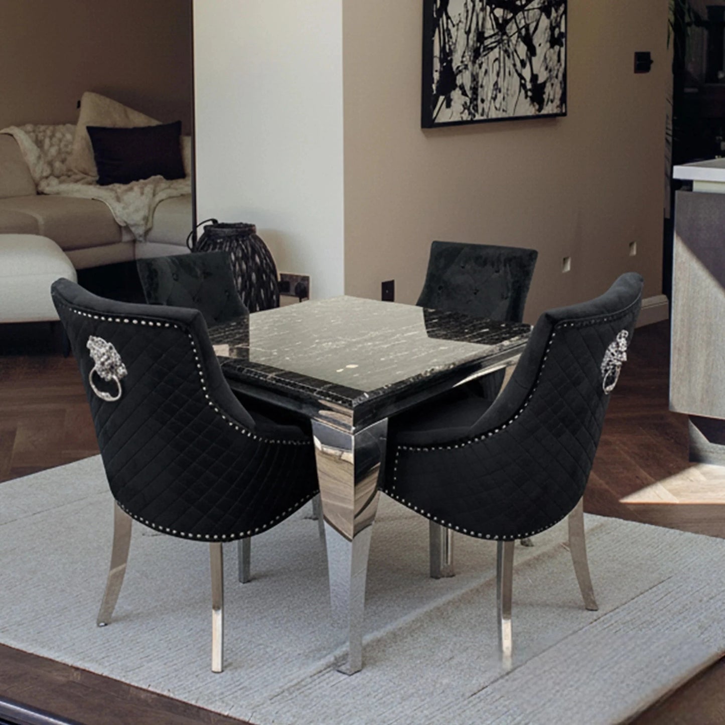 Luxury Lorens 100cm Square Chrome Dining Table With Modern Black & Gold Marble Top