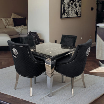Luxury Lorens 100cm Square Chrome Dining Table With Modern Black & Gold Marble Top