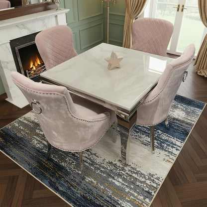 Luxury Lorens 100cm Square Chrome Dining Table With Modern White Marble Top