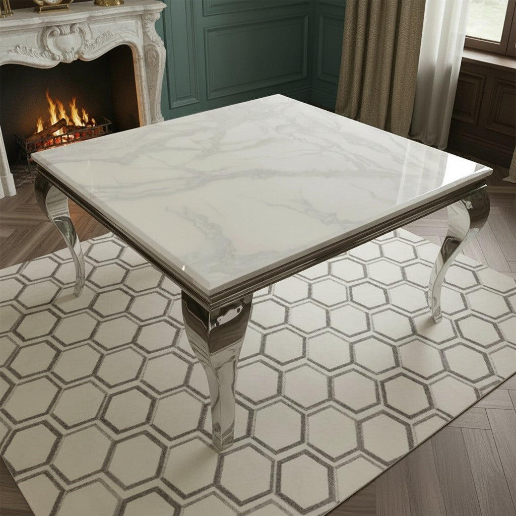 Luxury Lorens 100cm Square Chrome Dining Table With Modern White Marble Top