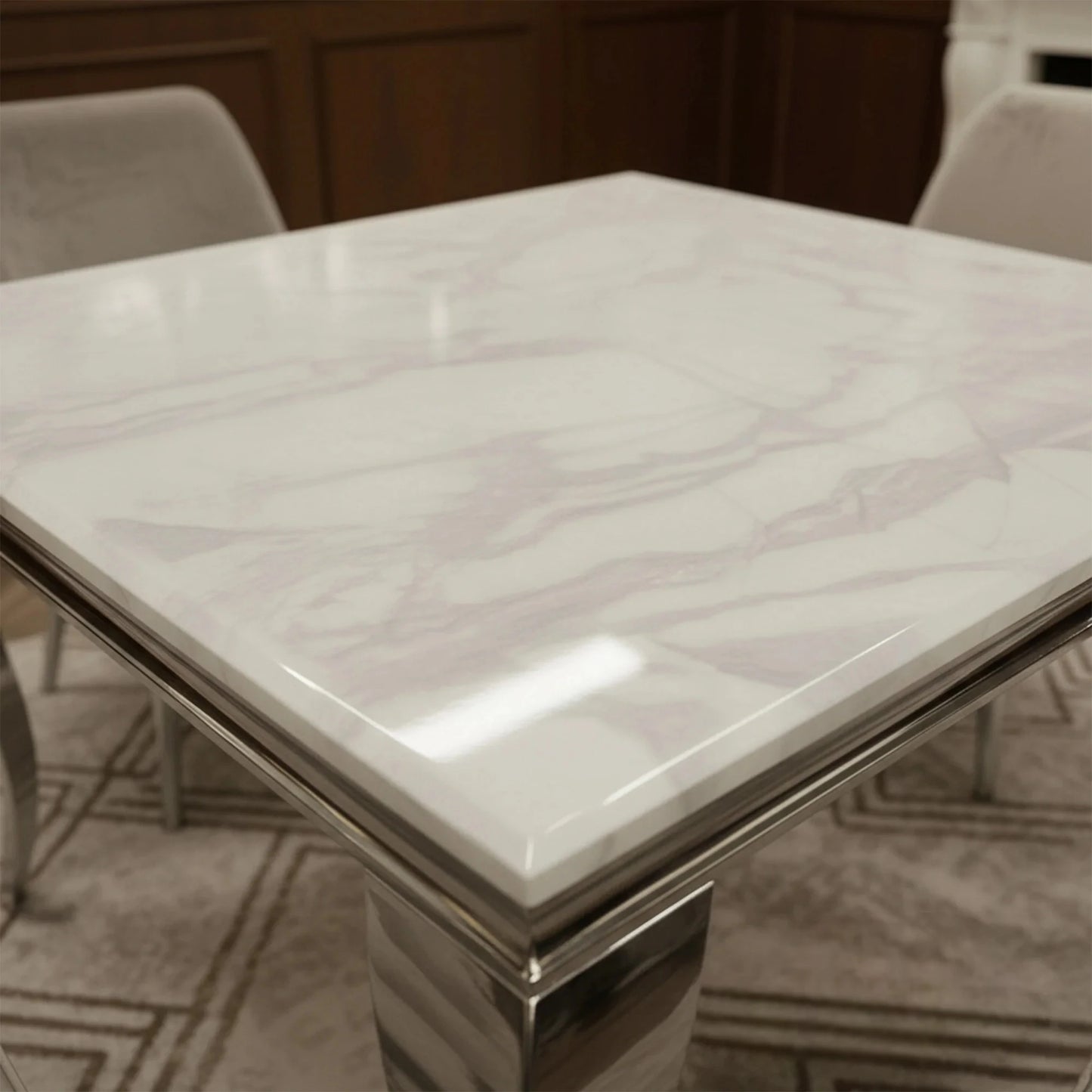 Luxury Lorens 100cm Square Chrome Dining Table With Modern White Marble Top