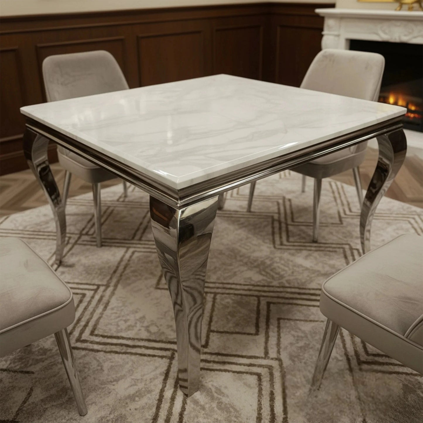 Luxury Lorens 100cm Square Chrome Dining Table With Modern White Marble Top