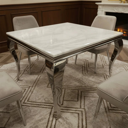 Luxury Lorens 100cm Square Chrome Dining Table With Modern White Marble Top