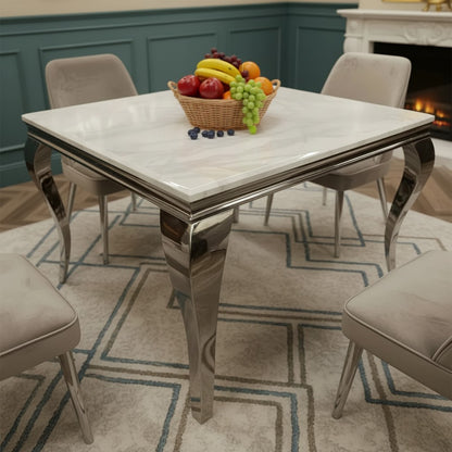 Luxury Lorens 100cm Square Chrome Dining Table With Modern White Marble Top