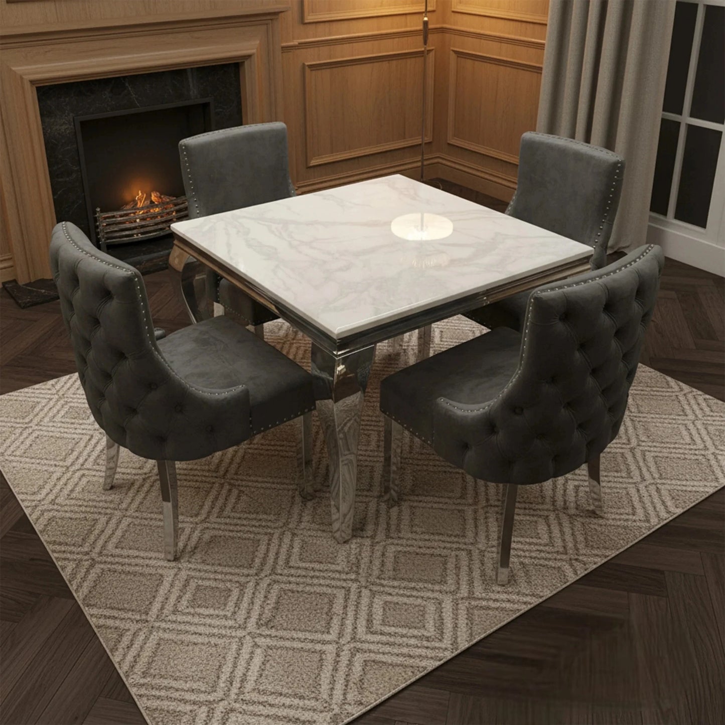 Luxury Lorens 100cm Square Chrome Dining Table With Modern White Marble Top