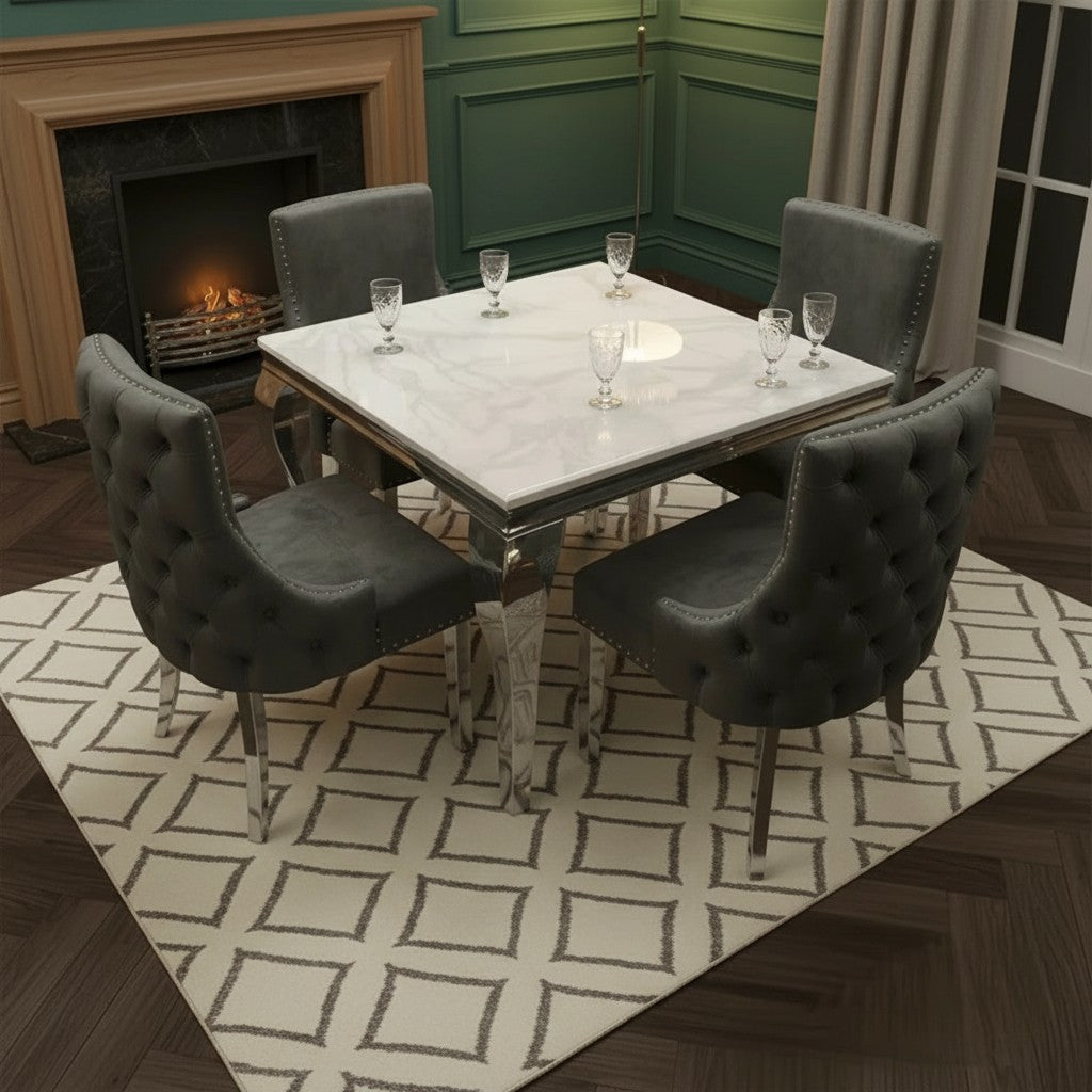 Luxury Lorens 100cm Square Chrome Dining Table With Modern White Marble Top