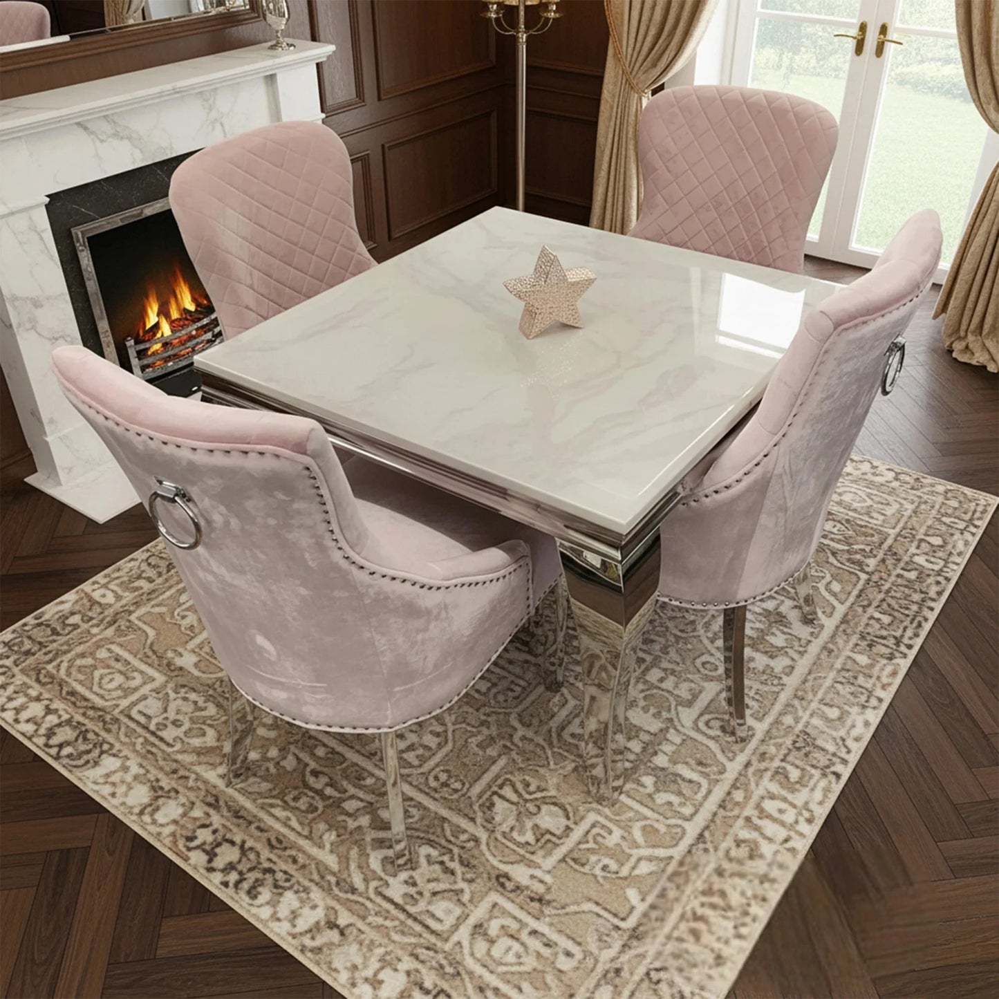 Luxury Lorens 100cm Square Chrome Dining Table With Modern White Marble Top