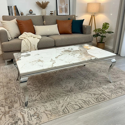 Luxury Lorens 130cm Chrome Coffee Table With Cream/Beige Marble Top And Curved Leg Design