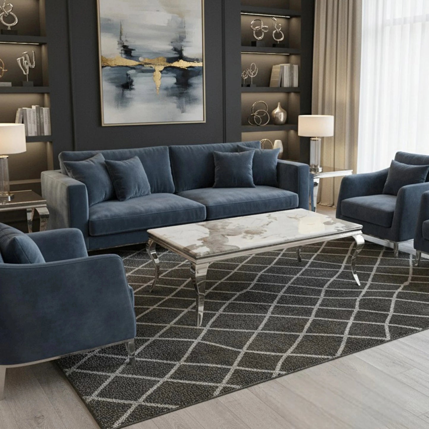 Luxury Lorens 130cm Chrome Coffee Table With Cream/Beige Marble Top And Curved Leg Design