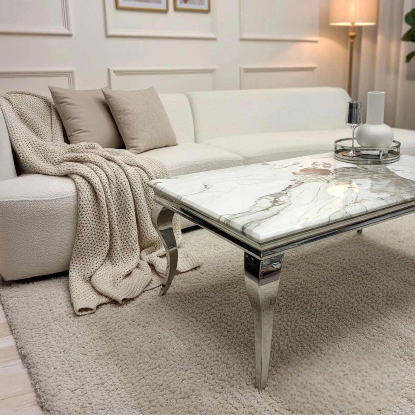 Luxury Lorens 130cm Chrome Coffee Table With Cream/Beige Marble Top And Curved Leg Design
