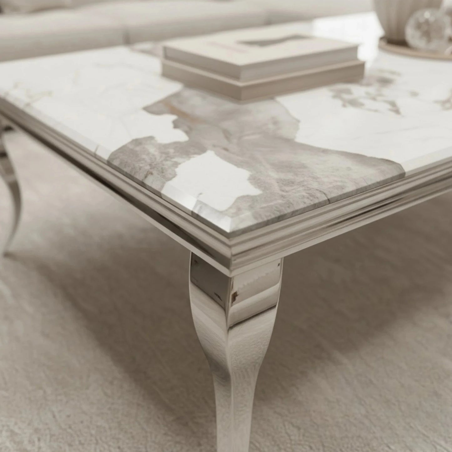 Luxury Lorens 130cm Chrome Coffee Table With Cream/Beige Marble Top And Curved Leg Design