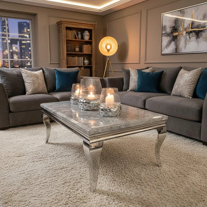 Luxury Lorens 130cm Chrome Coffee Table With Light Grey Marble Top And Curved Leg Design