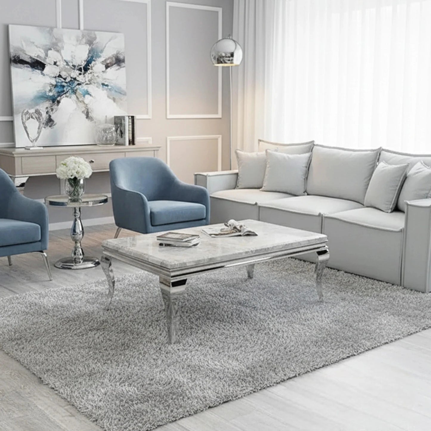 Luxury Lorens 130cm Chrome Coffee Table With Light Grey Marble Top And Curved Leg Design