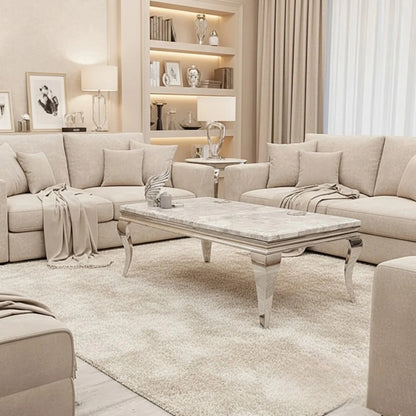 Luxury Lorens 130cm Chrome Coffee Table With Light Grey Marble Top And Curved Leg Design