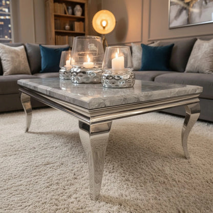 Luxury Lorens 130cm Chrome Coffee Table With Light Grey Marble Top And Curved Leg Design