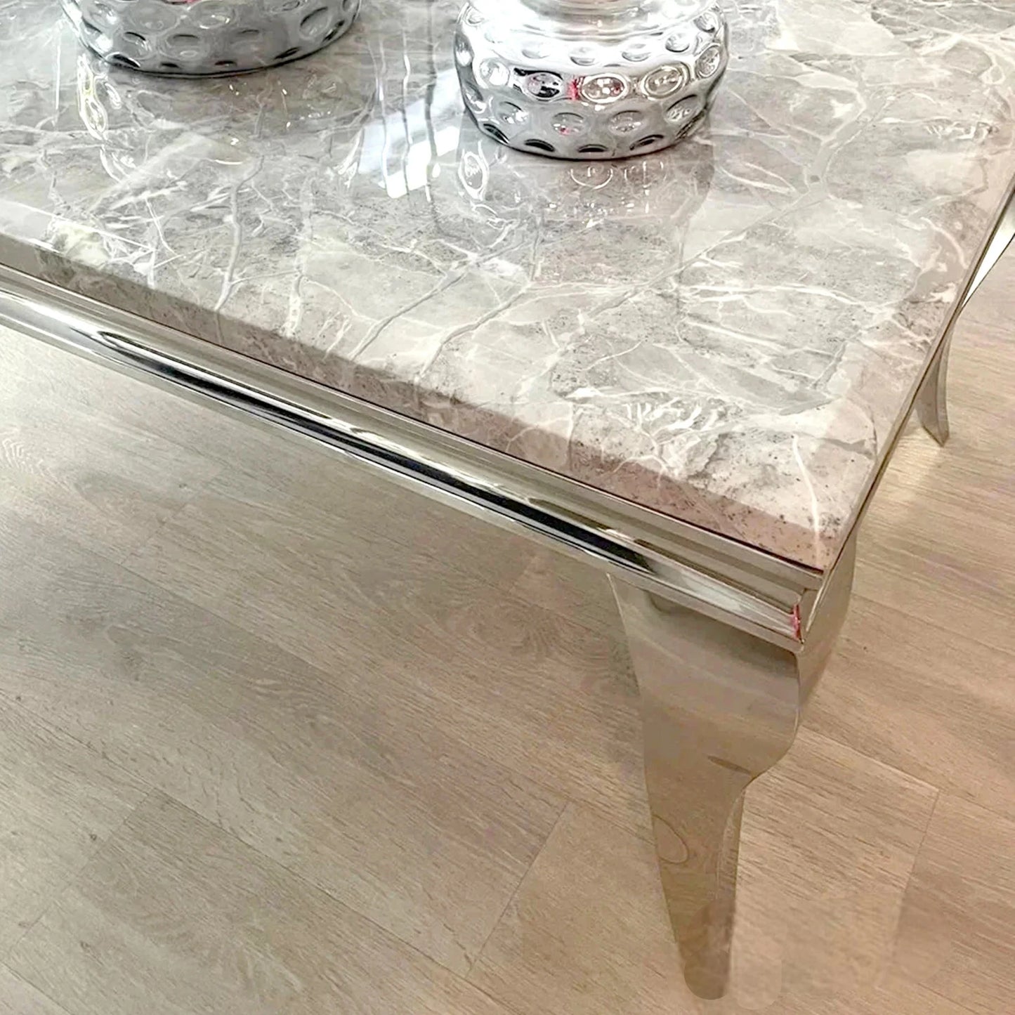 Luxury Lorens 130cm Chrome Coffee Table With Light Grey Marble Top And Curved Leg Design