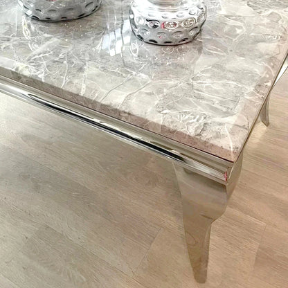 Luxury Lorens 130cm Chrome Coffee Table With Light Grey Marble Top And Curved Leg Design