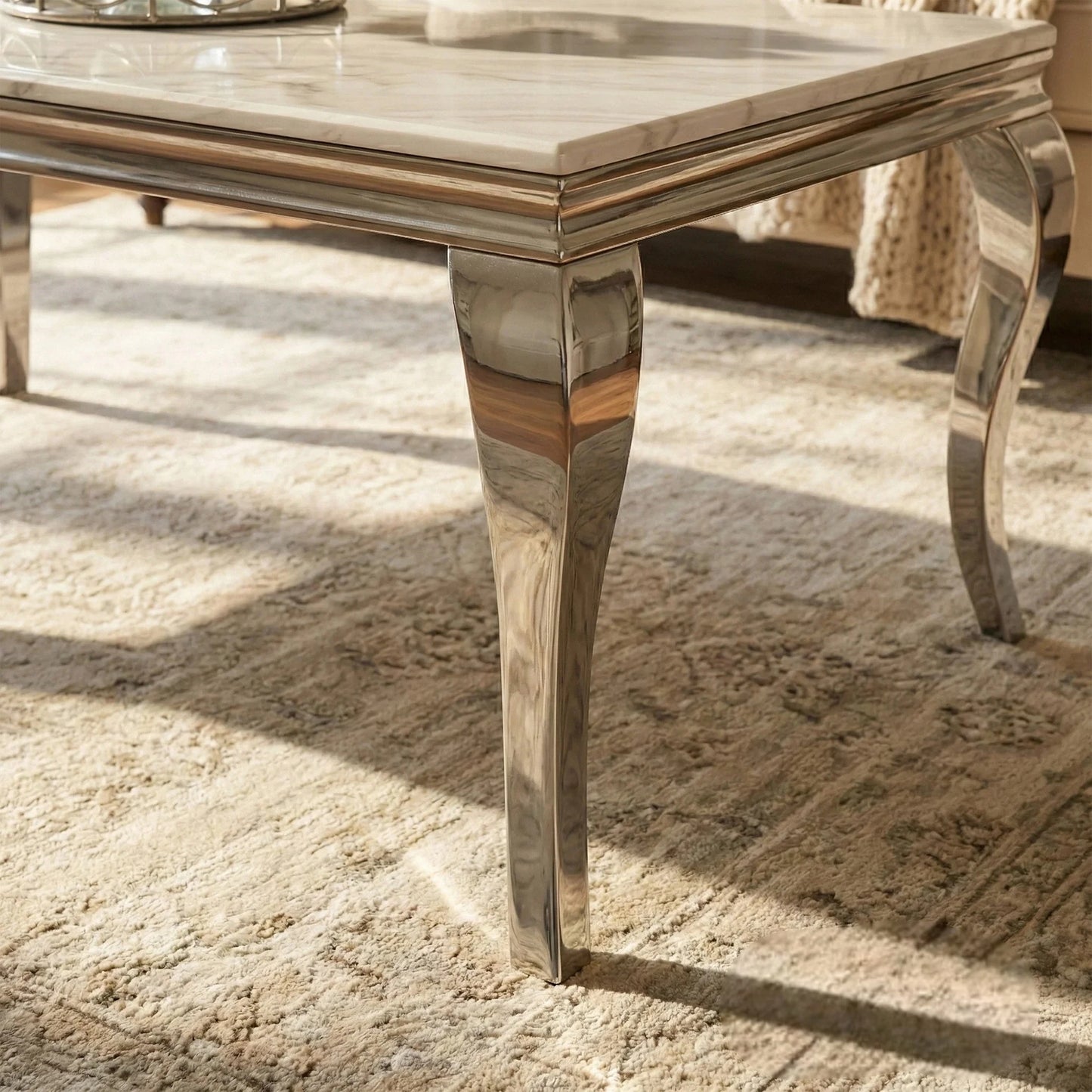 Luxury Lorens 130cm Chrome Coffee Table With White Marble Top And Curved Leg Design